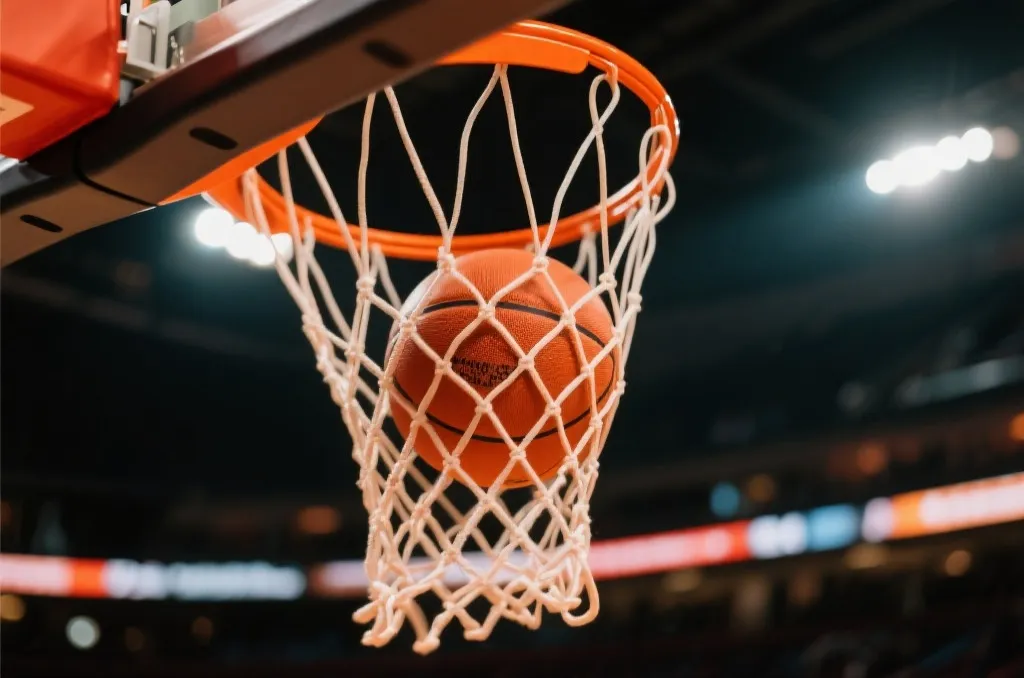 A close-up of a basketball swishing through a net, glowing orange light, stadium background out of focus, high-speed photography